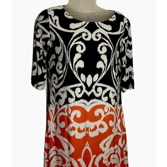 Eliza J Womens 4 Stretch Knit Sheath Dress Color Block Damask Print Black Coral - Picture 2 of 10